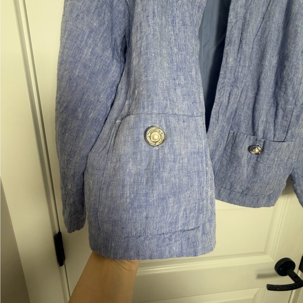 Moving Sale Chico's Light Blue Linen Chambray Open-Front Blazer Size L/2 - Picture 6 of 8